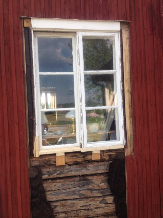Trähus från 1930-talet med vitmålat fönster och mörkröd stående fasadpanel, delvis exponerade timmerstockar under fönstret.