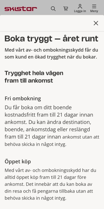 Skistar-bild om fri ombokning och öppet köp med fokus på trygghet vid bokningar, inklusive villkor för ändringar fram till 21 dagar innan ankomst.