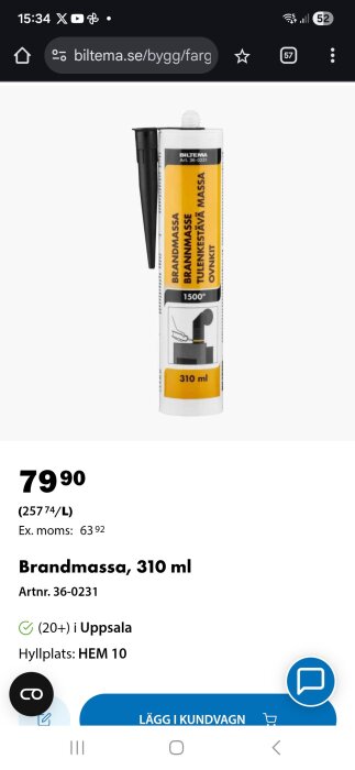 Brandmassa tub, 310 ml, tål upp till 1500°C, visas med pris och butikslagerinformation.