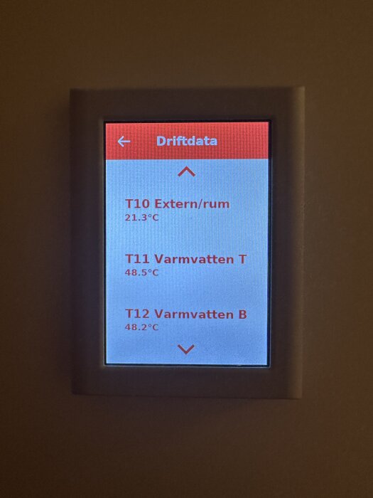 Kontrollpanel visar temperaturer: T10 Extern/rum 21,3°C, T11 Varmvatten T 48,5°C, T12 Varmvatten B 48,2°C.