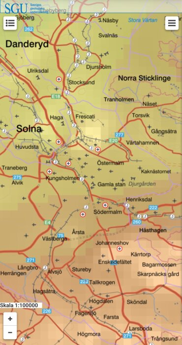 Karta över Stockholm med fokus på Danderyd, Solna och kringliggande områden, visar vägar, järnvägar och sjukhusmarkeringar.