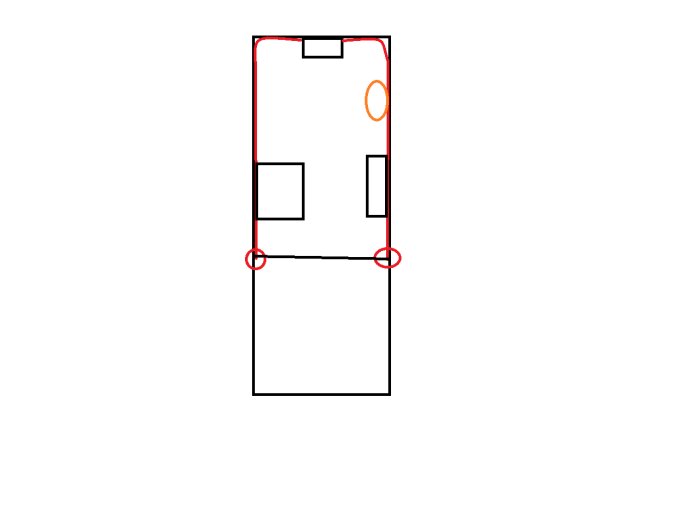 Skiss av planlösning med röda linjer för rökrör, orange cirkel för spis och olika indelningar. Uttrycker idé för värmerör och utrymmesindelning.