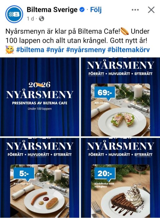 Nyårsmeny på Biltema Café med räkensmörgås, korv med bröd och kladdkaka med mjukglass, allt under 100 kronor.