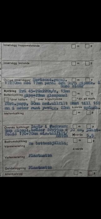 Byggdokument med text om bjälklag och golvbeläggning, inkluderas specifikationer som plastmatta och k-värden för olika delar av huset.