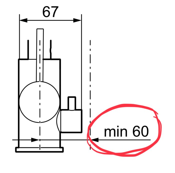Diagram som visar monteringsmått för en blandare, med angiven distans på minst 60 mm från en vägg.