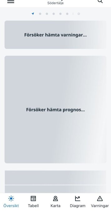 SMHI-app fel, meddelanden visar "Försöker hÀmta varningar..." och "Försöker hÀmta prognos..." under en snöig dag i SödertÀlje.