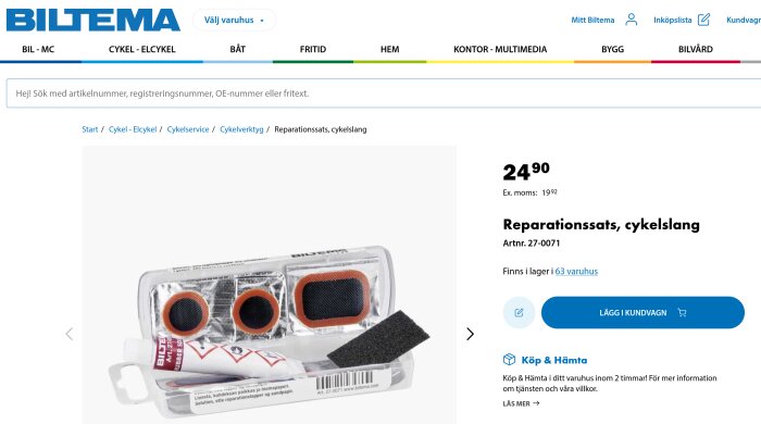 Reparationssats för cykelslang från Biltema, innehållande lappar, lim och sandpapper, med pris och köpinformation synlig.