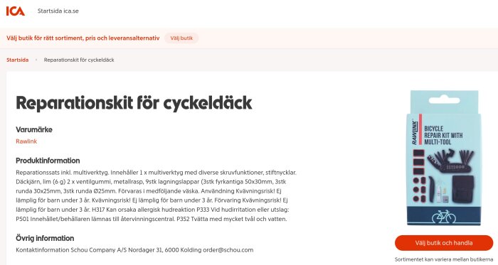 Reparationskit för cykeldäck från ICA, inkluderar multiverktyg och lagningslappar.
