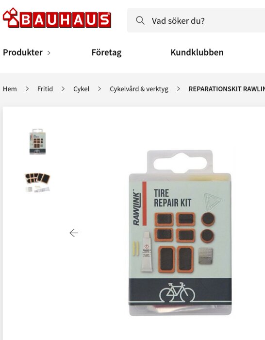 Cykelreparationskit Rawlink från Bauhaus, innehåller lagningslappar och limtub, perfekt för cykelunderhåll.