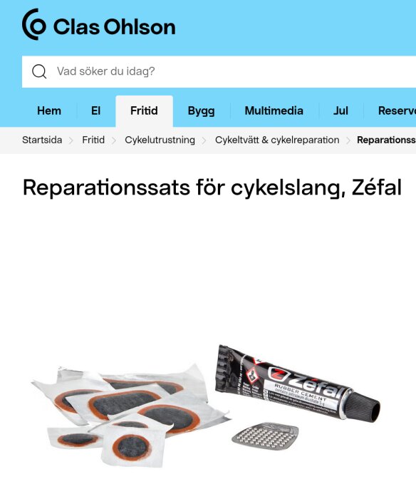 Reparationssats för cykelslang av märket Zéfal med gummilim och lagningslappar, avbildad på vit bakgrund.