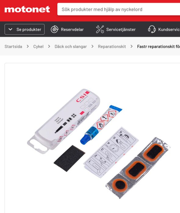 Cykelreparationskit med lagningslappar, limtube, slipverktyg och instruktioner, visas mot en vit bakgrund från bjornogunnar.se.