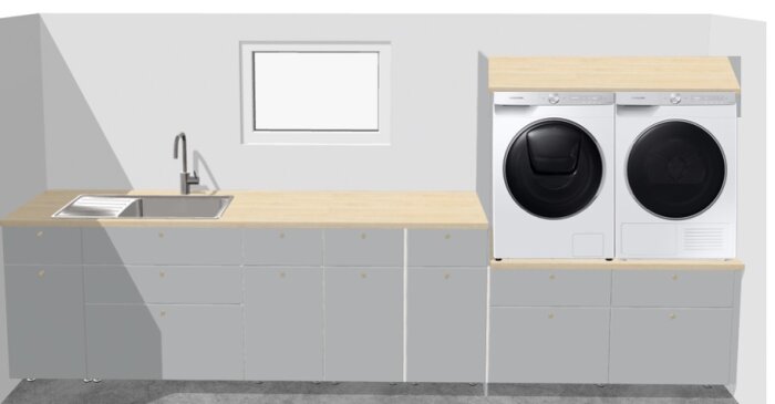 Tvättstugedesign med grå skåp, vask och kran till vänster, samt tvättmaskin och torktumlare placerade till höger under en bänkskiva.