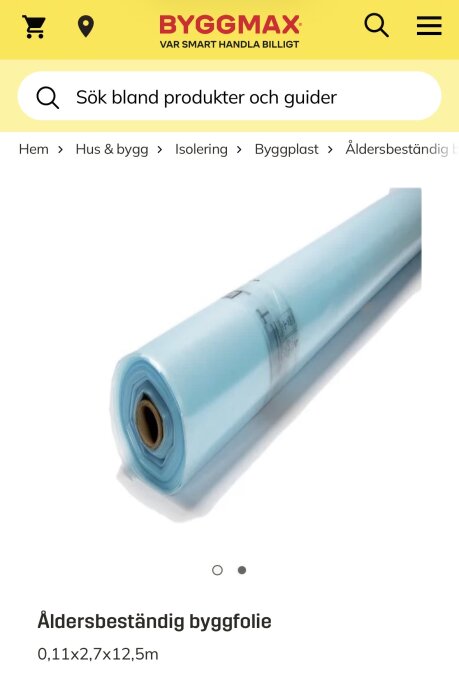 Rulle av blå åldersbeständig byggfolie 0,11x2,7x12,5 m, till isolering.