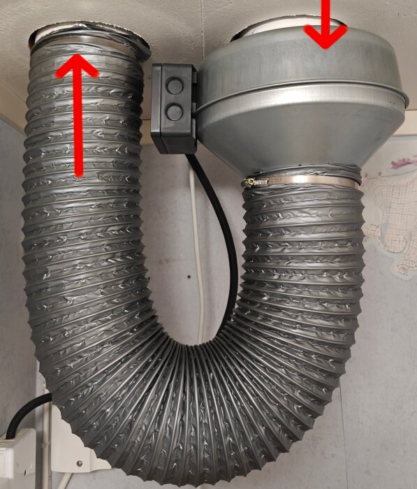 Ventilationsrör med två böjliga kanaler, anslutna till en fläkt i taket, med röda pilar som indikerar luftflödesriktning.