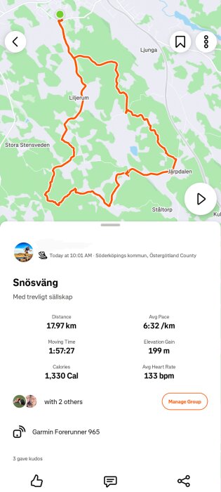 Karta över en löprunda på 17,97 km i Söderköpings kommun, inklusive data som tid, kaloriförbrukning och medeltempo.