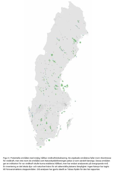 Karta över Sverige som visar potentiella områden för hållbar vindkraftslokalisering markerade i grönt över hela landet.