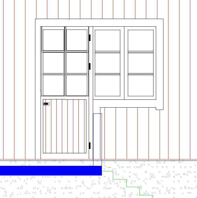 Ritning av fönster och altandörr med gångjärnssida och planerad pelare av två 45x195 reglar. Pelaren fäst upptill för stabilitet.