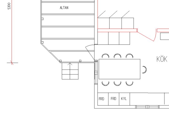 Planritning av kök och altan, markerar dörrens placering och gångjärnssida samt plats för pelare bestående av limmade 45x195 reglar för stöd.