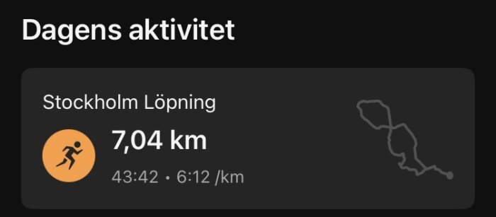 Karta och statistik över en löprunda: 7,04 km i Stockholm, tid 43:42 minuter, tempo 6:12 min/km. Ruttens karta till höger.