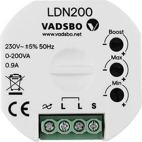Dimmer LDN200 från Vadsbo med symboler för Boost, Max, Min; används för justering av belysning.