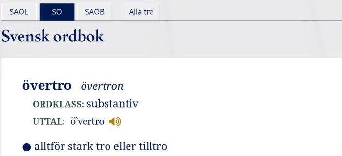 Svensk ordbok definition av övertro: 'alltför stark tro eller tilltro' med ordklass substantiv och uttal övertro.