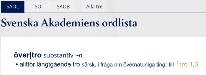 Svenska Akademiens ordbok definition av 'övertro', beskriven som 'alltför långtgående tro särskilt i frågor om övernaturliga ting'.