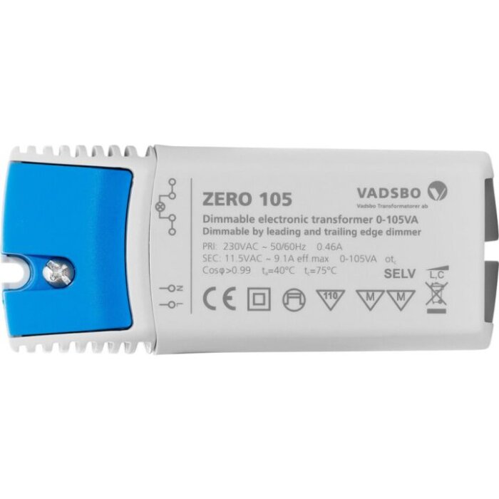 Dimmbar elektronisk transformator Vadsbo Zero 105, vit och blå, med specifikationer tryckta på framsidan. Används för att justera ljusstyrka.