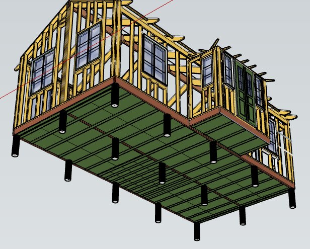 3D-modell av en komplementbyggnad på plintgrund, visar träram, fönster och grundens stödstrukturer.