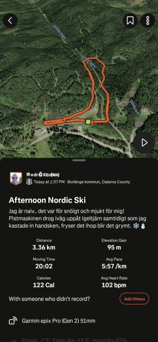 Karta över en skidåkningsrutt i Borlänge kommun med orange markering, distans 3,36 km, höjdskillnad 95 m, och statistik för tid, kalorier och puls.