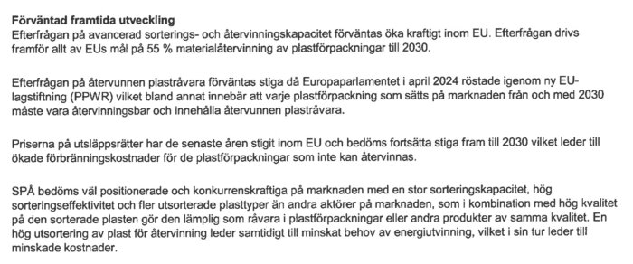 Text om EU:s ökade efterfrågan på sortering och återvinning av plastförpackningar samt lagstiftning och utsläppsrätter framtill 2030.