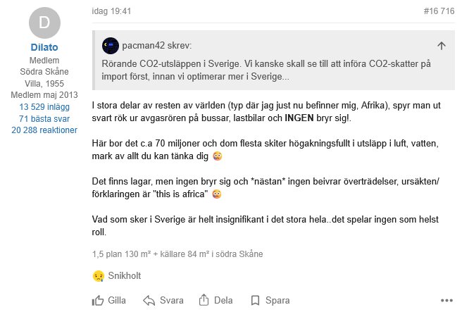 En forumanvändares inlägg om CO2-utsläpp och globala miljöproblem, med diskussion om Afrikas utsläpp och Sveriges påverkan.