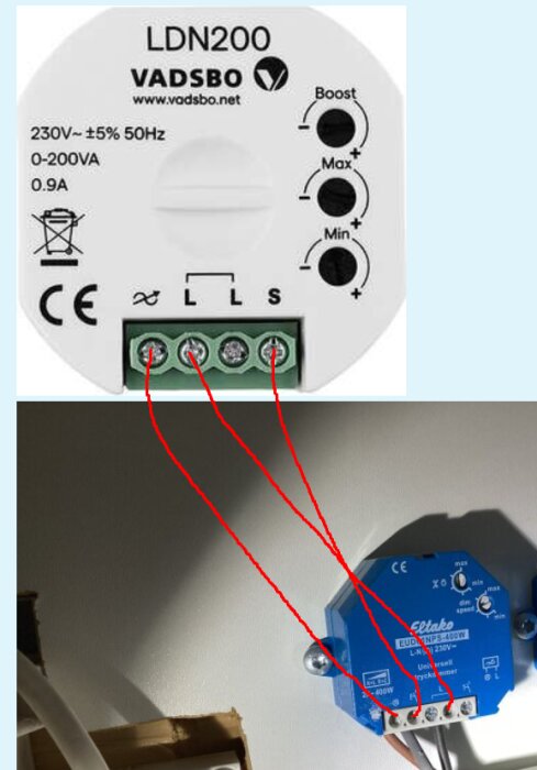Dimmerkoppling med Vadsbo LDN200 vit enhet och Eltako blå ljusdimmer, ansluten med röda ledningar.
