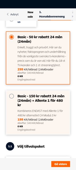 Allente abonnemangserbjudanden; Basic med 50 kr rabatt och Basic med 150 kr rabatt inklusive Allente 1 för 480 kr.