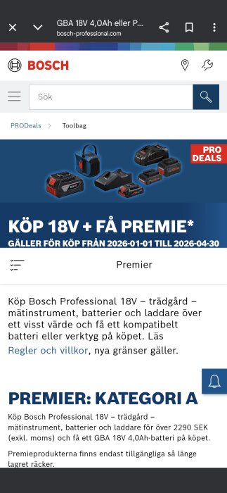 Bosch ProDeals kampanjbild som visar batterier, laddare och verktyg med text "Köp 18V + få premie", giltigt 2026-01-01 till 2026-04-30.