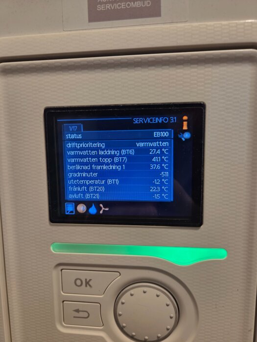 Display på Nibe F750 visar temperaturer och status, inklusive varmvatten och utetemperatur. Reglage och OK-knapp syns under displayen.