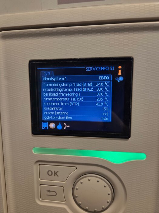 Närbild på display på Nibe F750 värmepump som visar temperaturer och inställningar för klimatsystem 1, inklusive framledningstemp och rumstemperatur.