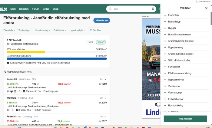 Skärmbild av en webbsida för jämförelse av elförbrukning, med en lista på filter som delvis är dold utanför skärmens nedre kant.