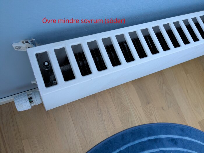 Värmeelement i ett mindre sovrum med termostat och gallerskydd mot en blå vägg, delvis täckt av en rund blå matta på trägolv.