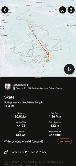 Karta över en skidtur i Borlänge kommun, med detaljer om distans (10,01 km), tid (44:23), och snitthastighet (4:26/km).
