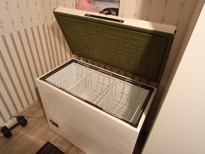 Öppen frysbox i ett rum med blommig och randig tapet, två metallkorgar inuti. En hantel syns på golvet bredvid frysboxen.
