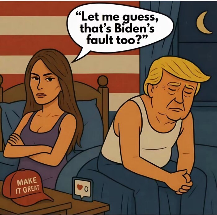 A cartoon couple in bed, the woman looks annoyed and says, “Let me guess, that’s Biden’s fault too?” A red cap with "Make It Great" sits on a table.