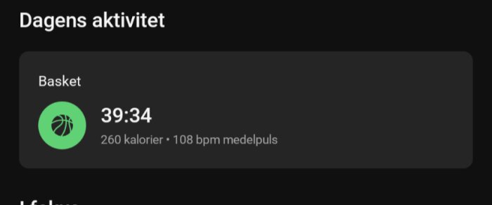Skärmbild av dagens aktivitet visar basket i 39 minuter och 34 sekunder, 260 kalorier förbrända och 108 slag per minut som medelpuls.