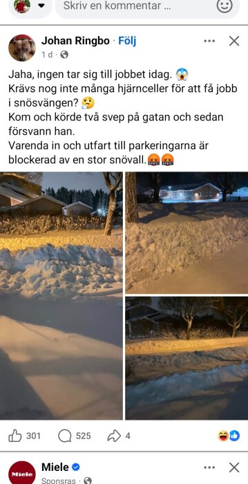 SnötÀckt gata med stora snövallar vid kanten blockerar utfarter till parkeringsplatser.