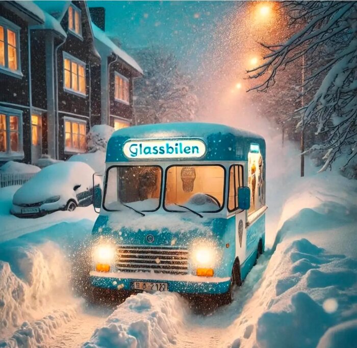 Glassbil kör genom snöig gata på kvällen, hus och snötäckta bilar i bakgrunden.