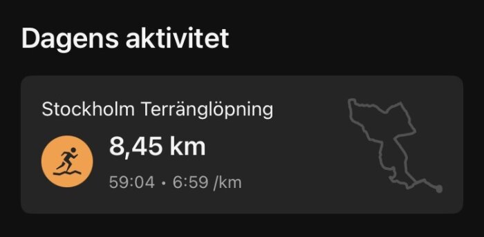 Dagens aktivitet: terränglöpning i Stockholm, 8,45 km på 59:04 minuter med en genomsnittshastighet på 6:59 min/km.