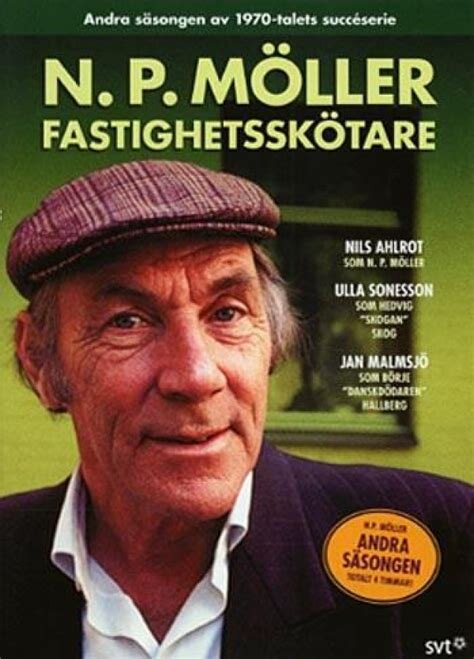 Affisch för TV-serien "N. P. Möller Fastighetsskötare" med man i keps, text om andra säsongen från 1970-talet, och rollista.