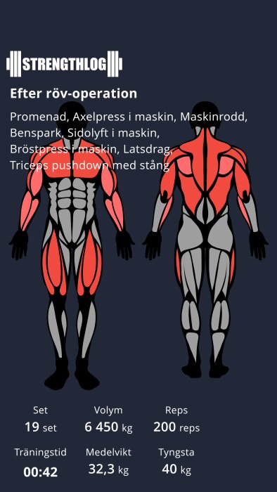 Träningsschema efter operation; fokus på överkropp. Illustration med muskelgrupper. Statistik: 19 set, 6450 kg volym, 200 reps, träningstid 42 min.