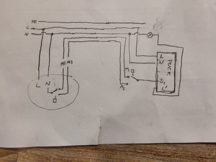 Handritat elschema för zigbee-puckkoppling i trappkoppling, visar ledningar och anslutna brytare samt puckens ingångar L, N, S1, och L'.