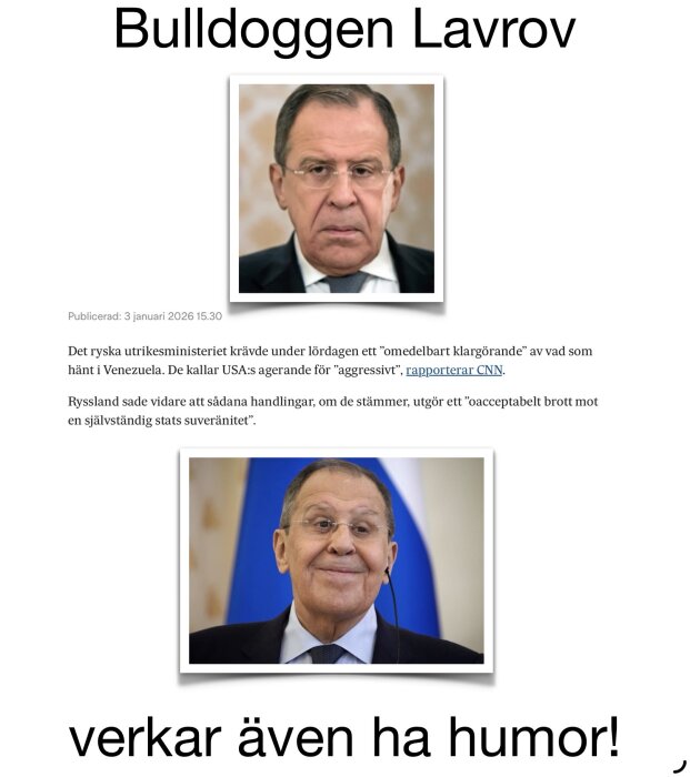 Bilden visar två porträtt av en man i kostym. Han ser allvarlig ut i det första fotot och ler i det andra. Text finns ovanför och under bilderna.