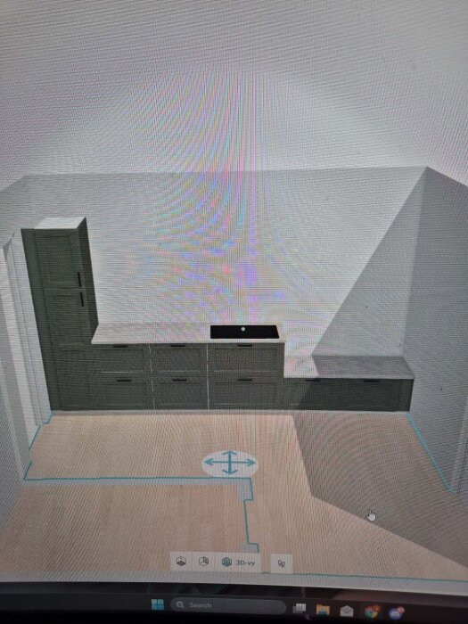 3D-rendering av en tvättstuga med gröna skåp och diskho, markerad med golvlutning och en golvbrunnsplacering på ett beige golv.